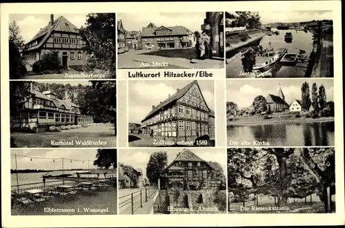 Ak Hitzacker an der Elbe, Kurhotel Waldfrieden, Markt, Alte Kirche, Elbterrassen Wussegel, Zollhaus