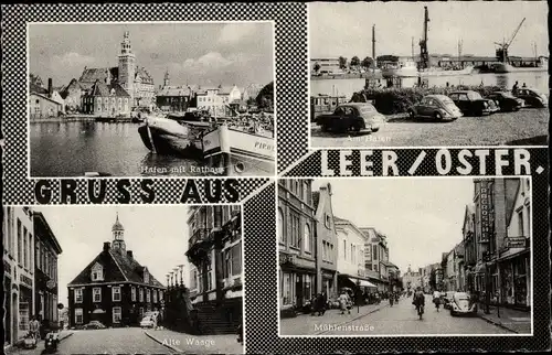 Ak Leer in Ostfriesland, Hafen mit Rathaus, Am Hafen, Alte Waage, Mühlenstraße