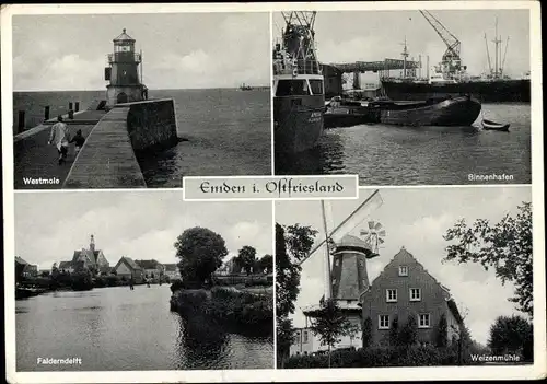 Ak Emden in Ostfriesland, Binnenhafen, Westmole, Falderndelft, Weizenmühle