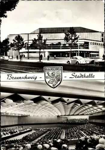 Ak Braunschweig in Niedersachsen, Stadthalle, Innenansicht, Versammlung, Wappen