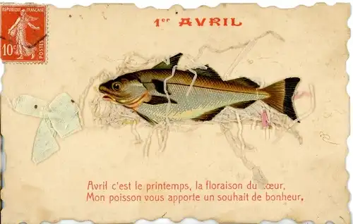 Stoff Ak Glückwunsch 1. April, Fisch, Stoffschleife