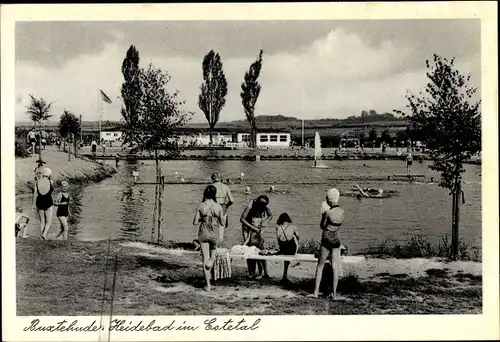 Ak Buxtehude in Niedersachsen, Heidebad im Estetal, Badegäste, Springbrunnen