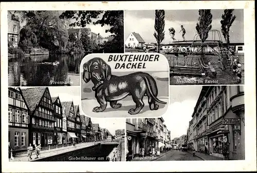 Ak Buxtehude in Niedersachsen, Buxtehuder Dackel, Heidebad im Estetal. Giebelhäuser am Fleet