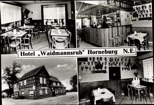 Ak Horneburg im Alten Land, Hotel Waldmannsruh, Außenansicht, Bar, Speisesaal, Geweihe