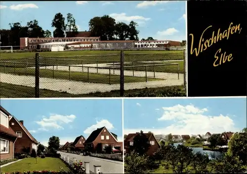 Ak Wischhafen im Kreis Stade, Schule, Sportplatz, Strassenansicht, Siedlung