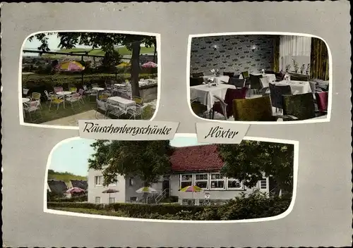 Ak Höxter an der Weser, Räuschenbergschenke, Terrasse, Speisesaal, Außenansicht