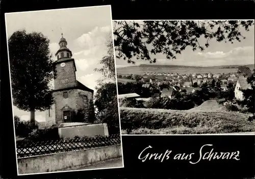 Ak Schwarz Grebenau in Mittelhessen, Panorama, Kirche