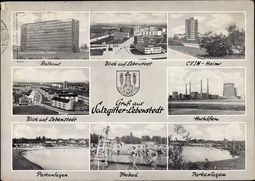 Ak Lebenstedt Salzgitter in Niedersachsen, Rathaus, Parkanlage, Freibad, Hochöfen, CVJM-Heim