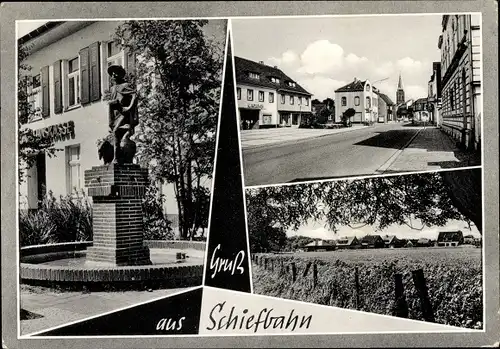 Ak Schiefbahn Willich am Niederrhein, Brunnen mit Statue, Straßenpartie