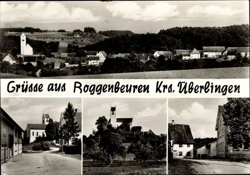 Ak Roggenbeuren Deggenhausertal im Bodenseekreis, Panorama, Kirche, Straßenpartie