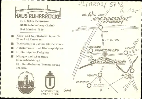 Ak Fröndenberg an der Ruhr, Haus Ruhrbrücke, Außenansicht, Terrasse, Innenräume