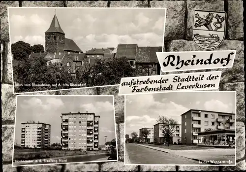 Ak Rheindorf Leverkusen, Blick vom Rheindamm, Kirche, Hochhäuser, Siedlung Nord, Wupperstraße