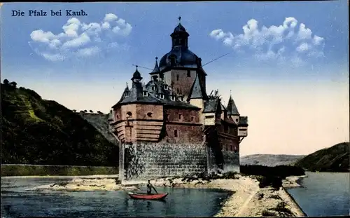 Ak Caub Kaub am Rhein, Burg Pfalzgrafenstein, Pfalz, Ruderboot