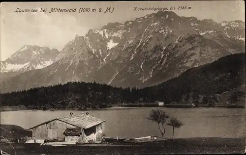 Ak Mittenwald in Oberbayern, Lautersee, Panorama, Karwendelgebirge