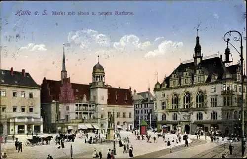 Ak Halle an der Saale, Markt, altes und neues Rathaus, Passanten