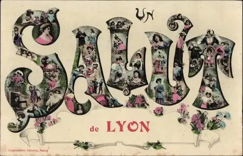 Buchstaben Ak Lyon Rhône, Schriftzug mit Rosen und Frauen