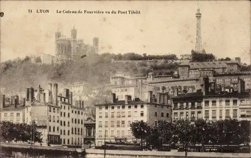 Ak Lyon Rhône, Das Coteau de Fourviere von der Tilsitt-Brücke aus gesehen