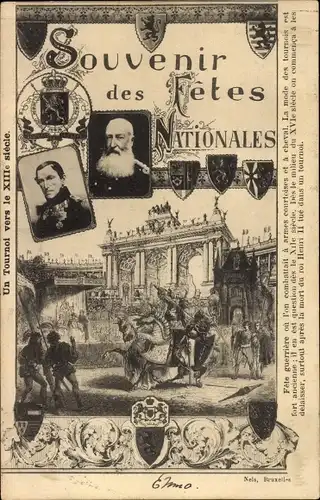 Ak Souvenir des Fetes Nationales, Ein Turnier gegen das 13. Jahrhundert, Leopold I., Leopold II.