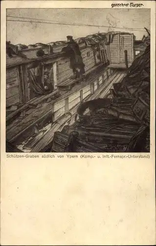 Ak Schützengraben südlich von Ypern, Unterstand, Deutscher Soldat, I. WK
