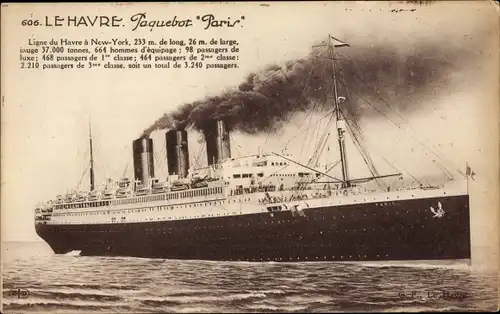 Ak Le Havre, Paquebot Paris, Transatlantic, CGT, French Line