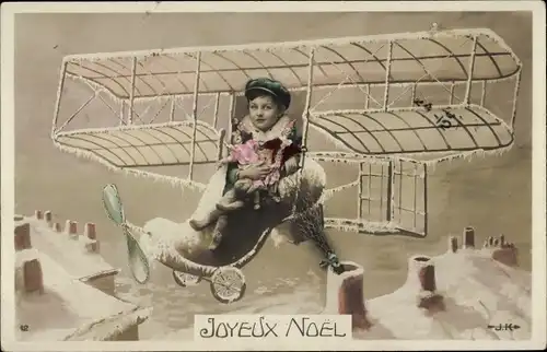 Ak Glückwunsch Weihnachten, Kind, Puppen, Flugzeug, Fotomontage
