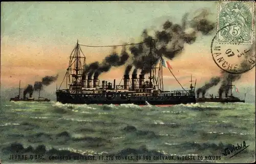Künstler Ak Französisches Kriegsschiff, Le Croiseur Cuirassé Jeanne d'Arc