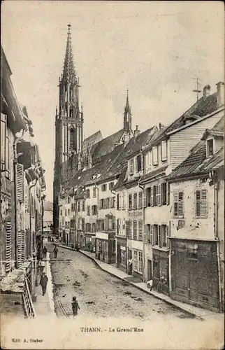 Ak Thann Elsass Haut Rhin, Grand'Rue, Kirche