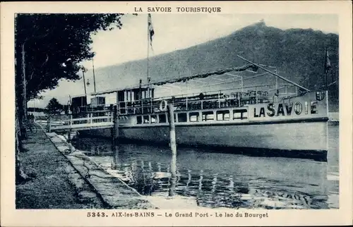 Ak Aix les Bains Savoie, Le Grand Port, Lac du Bourget, Vapeur La Savoie