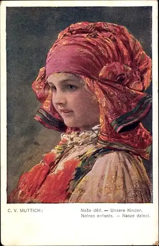 Künstler Ak Muttich, C. V., Mädchen in slowakischer Tracht, Portrait, Rotes Kopftuch