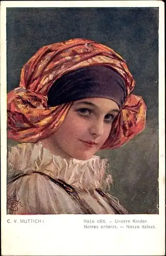 Künstler Ak Muttich, C. V., Portrait von einem Mädchen mit Kopftuch