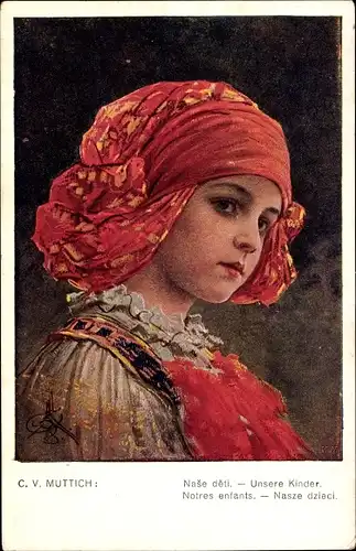 Künstler Ak Muttich, C. V., Portrait von einem Mädchen, Tracht, Rotes Kopftuch