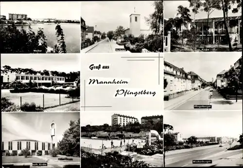 Ak Mannheim in Baden, Pfingstberg, Weiher, Kirche, Bad, Kath. Kirche, Pfingstbergstraße