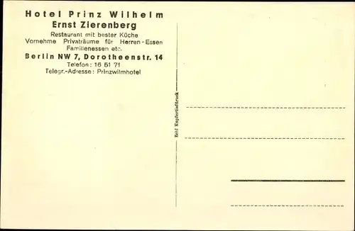 Ak Berlin, Hotel Prinz Wilhelm, Inh. Ernst Zierenberg, Dorotheenstraße 14