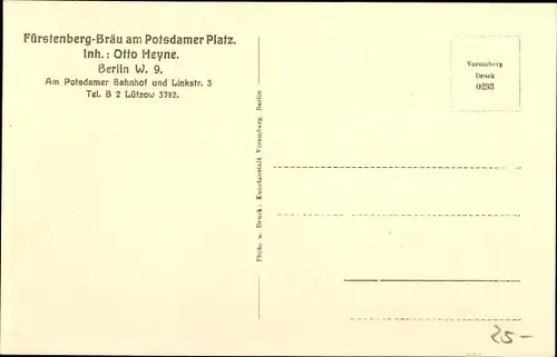 Ak Berlin Tiergarten, Fürstenberg Bräu am Potsdamer Bahnhof