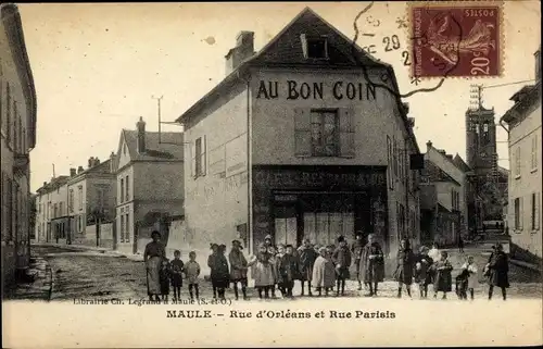 Ak Maule Yvelines, Rue d'Orleans et Rue Parisis, Café Au Bon Coin