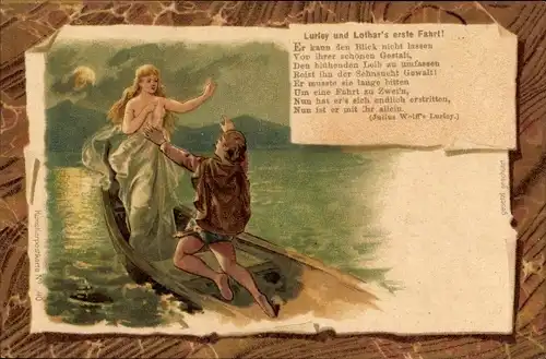 Mondschein Litho Gedicht, Lurley und Lothar's erste Fahrt, Ruderboot, Er kann den Blick nicht lassen
