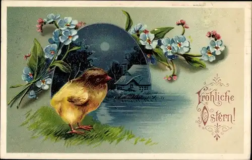 Mondschein Präge Ak Glückwunsch Ostern, Osterküken und Blumen, Haus am Wasser