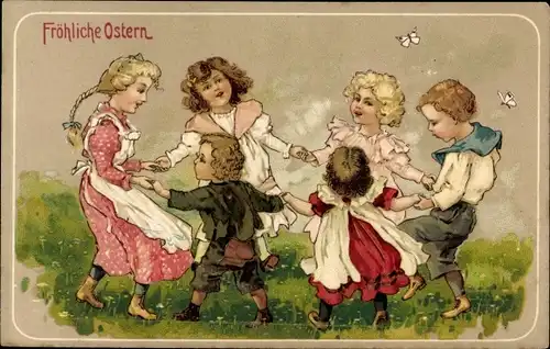 Ak Glückwunsch Ostern, Tanzende Kinder, Wiese, Schmetterlinge