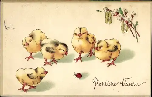 Ak Glückwunsch Ostern, Küken, Marienkäfer, Weidenkätzchen