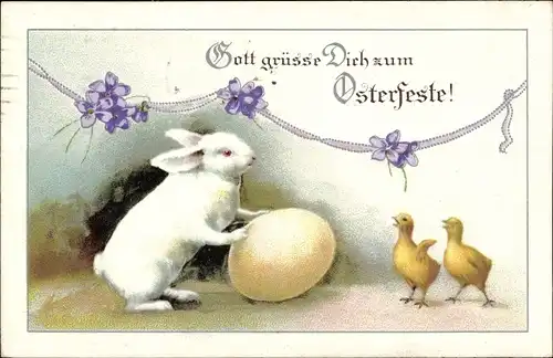 Ak Glückwunsch Ostern, Küken, Osterhase, Osterei, Blumen