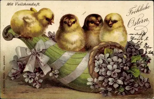 Litho Glückwunsch Ostern, Küken, Veilchen, Füllhorn