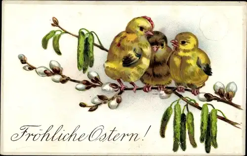 Präge Ak Glückwunsch Ostern, Küken, Weidenkätzchen