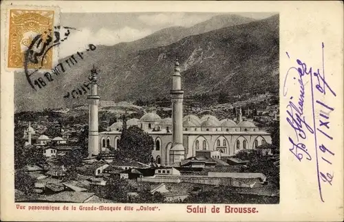 Ak Bursa Brousse Türkei, Panoramablick auf die Große Moschee namens Oulou