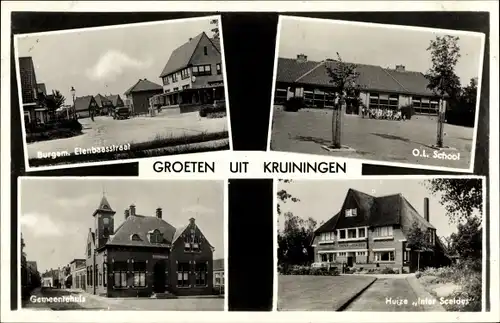 Ak Kruiningen Zeeland, School. Gemeentehuis, Burgem. Elenbaasstraat, Huize