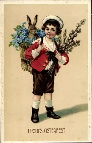Präge Ak Glückwunsch Ostern, Junge, Osterhase in Kiepe, Weidenkätzchen
