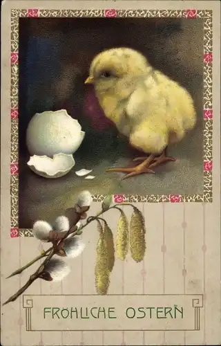 Ak Glückwunsch Ostern, Küken, Weidenkätzchen, Eierschale