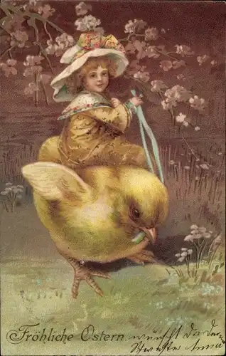 Präge Litho Glückwunsch Ostern, Mädchen reitet auf einem Küken