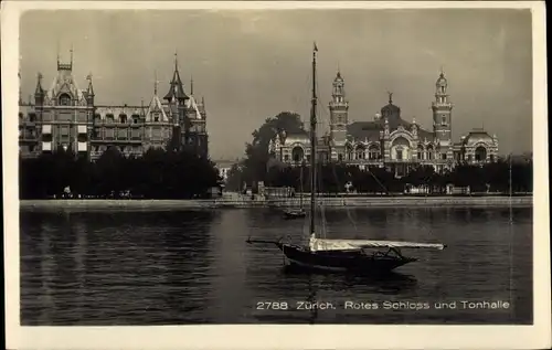 Ak Zürich Stadt Schweiz, Rotes Schloss und Tonhalle, Segelboot