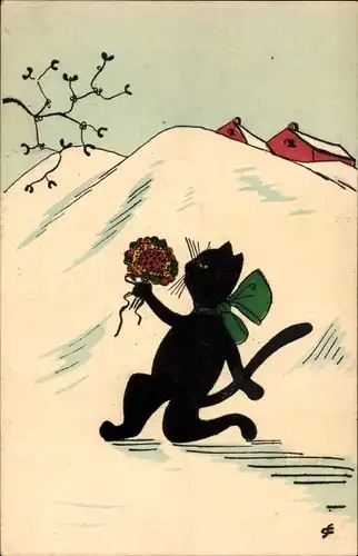 Künstler Ak Schwarze Katze mit grüner Schleife, kniend mit Blumenstrauß