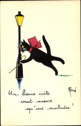 Künstler Ak René, Vermenschlichte schwarze Katze als Betrunkener, Laterne